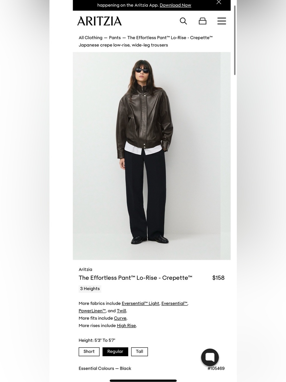 Aritzia The Effortless Pant™ Lo-Rise - Crepette™ Sz 00 Black